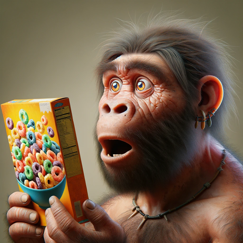 Neanderthal encounters a box of cereal